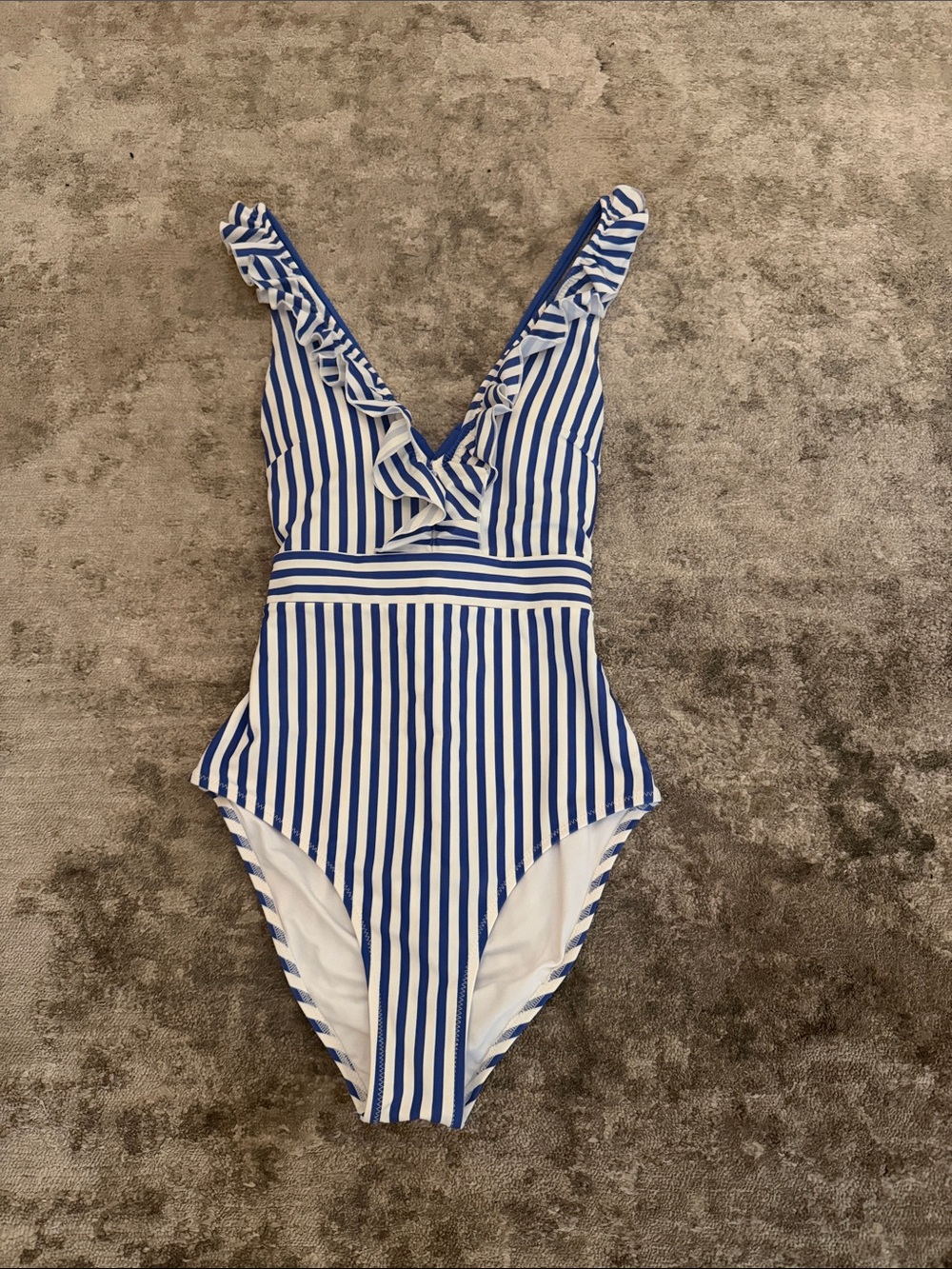Blue & White Striped Ruffle One-Piece Swimsuit for Kids